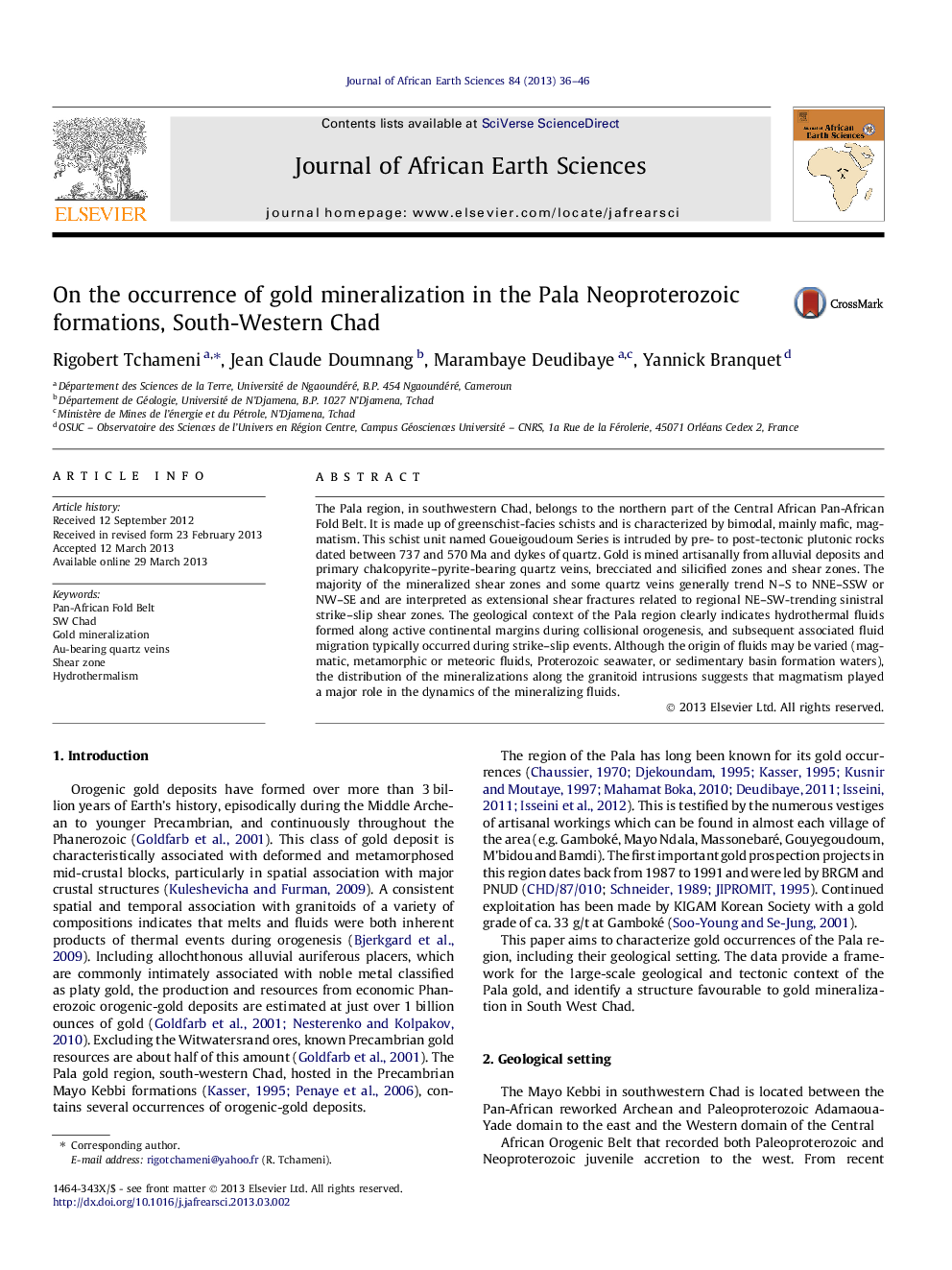 On the occurrence of gold mineralization in the Pala Neoproterozoic formations, South-Western Chad