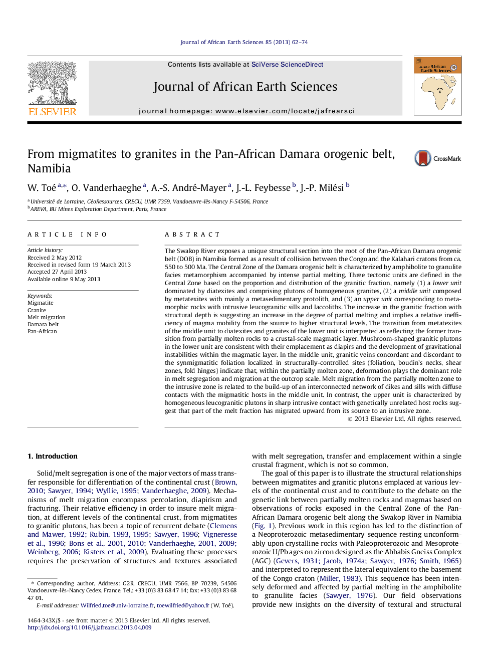 From migmatites to granites in the Pan-African Damara orogenic belt, Namibia