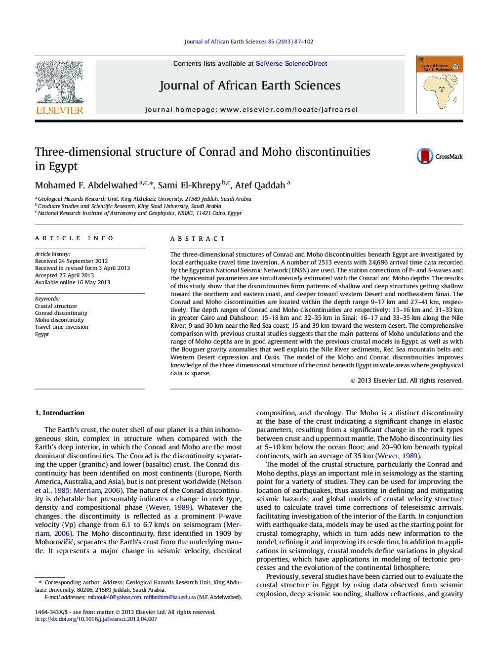 Three-dimensional structure of Conrad and Moho discontinuities in Egypt