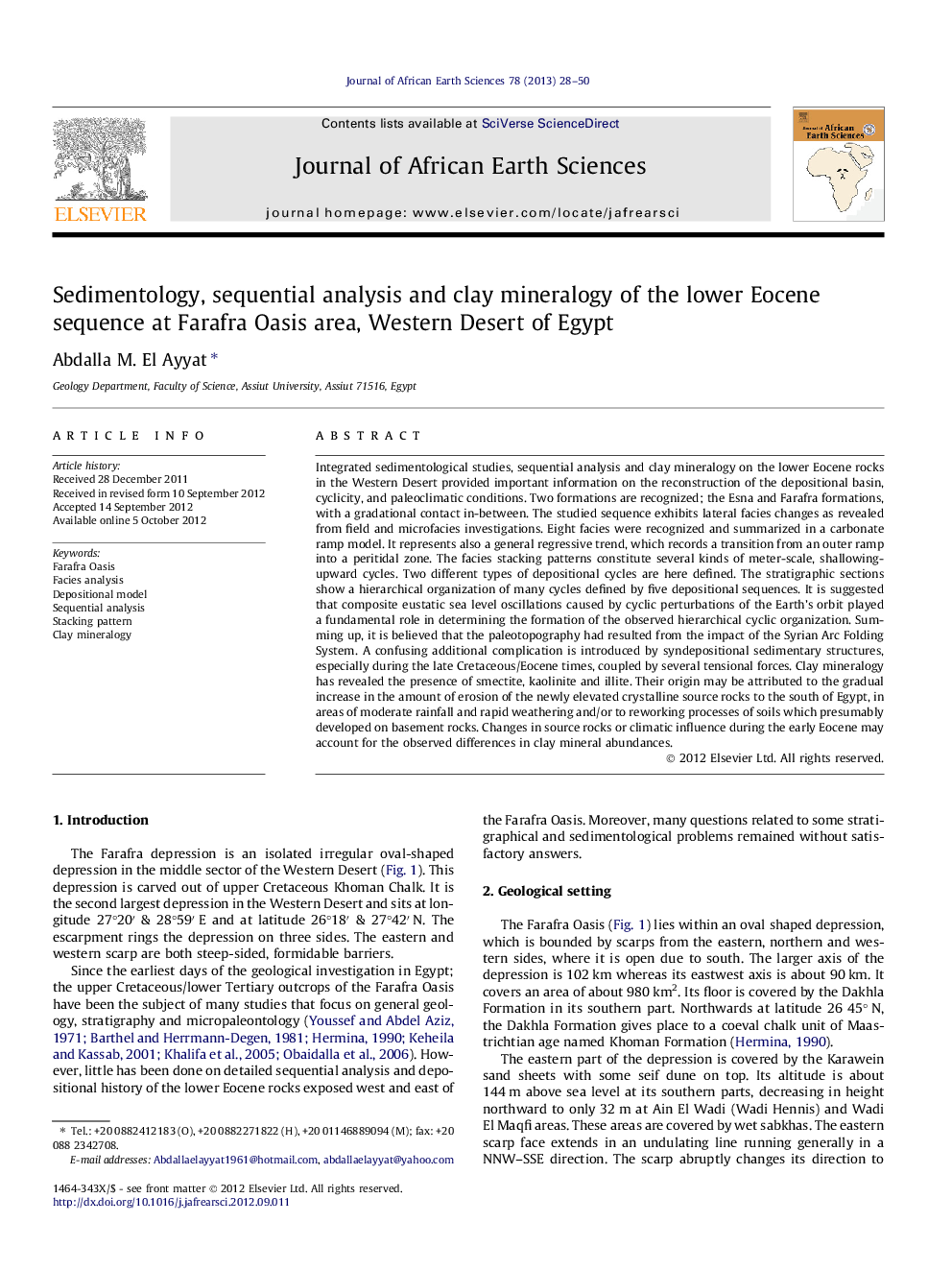 Sedimentology, sequential analysis and clay mineralogy of the lower Eocene sequence at Farafra Oasis area, Western Desert of Egypt