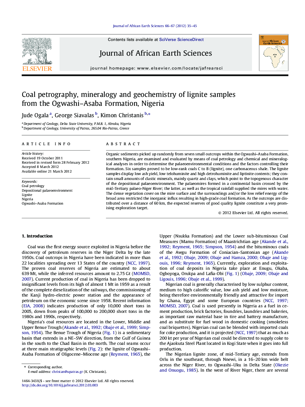 Coal petrography, mineralogy and geochemistry of lignite samples from the Ogwashi–Asaba Formation, Nigeria