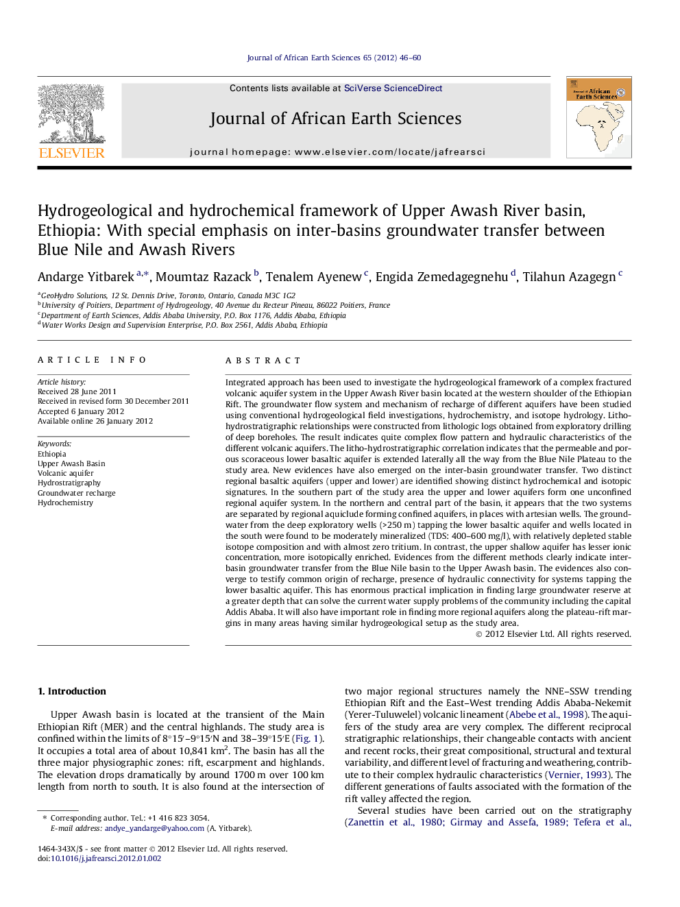 Hydrogeological and hydrochemical framework of Upper Awash River basin, Ethiopia: With special emphasis on inter-basins groundwater transfer between Blue Nile and Awash Rivers