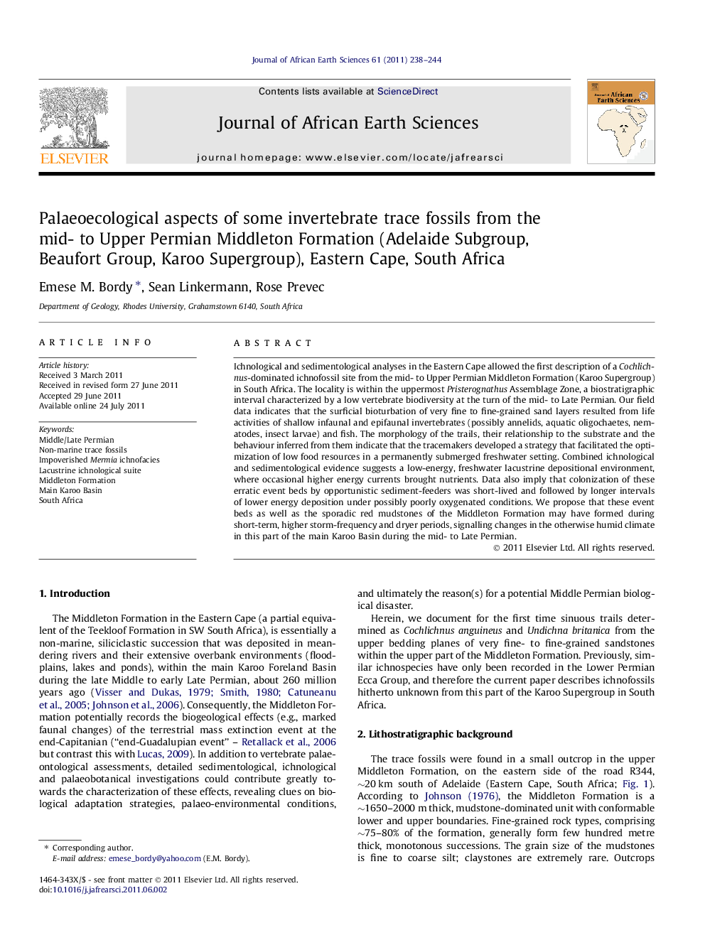 Palaeoecological aspects of some invertebrate trace fossils from the mid- to Upper Permian Middleton Formation (Adelaide Subgroup, Beaufort Group, Karoo Supergroup), Eastern Cape, South Africa