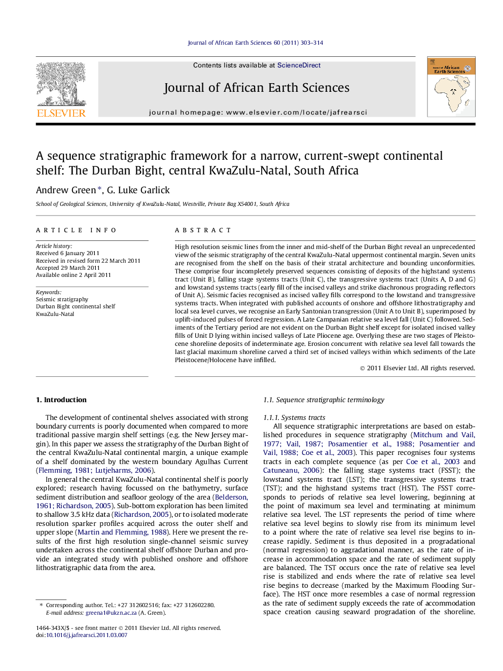 عکس صفحه اول مقاله: A sequence stratigraphic framework for a narrow, current-swept continental shelf: The Durban Bight, central KwaZulu-Natal, South Africa A sequence stratigraphic framework for a narrow, current-swept continental shelf: The Durban Bight, central KwaZulu-Natal, South Africa