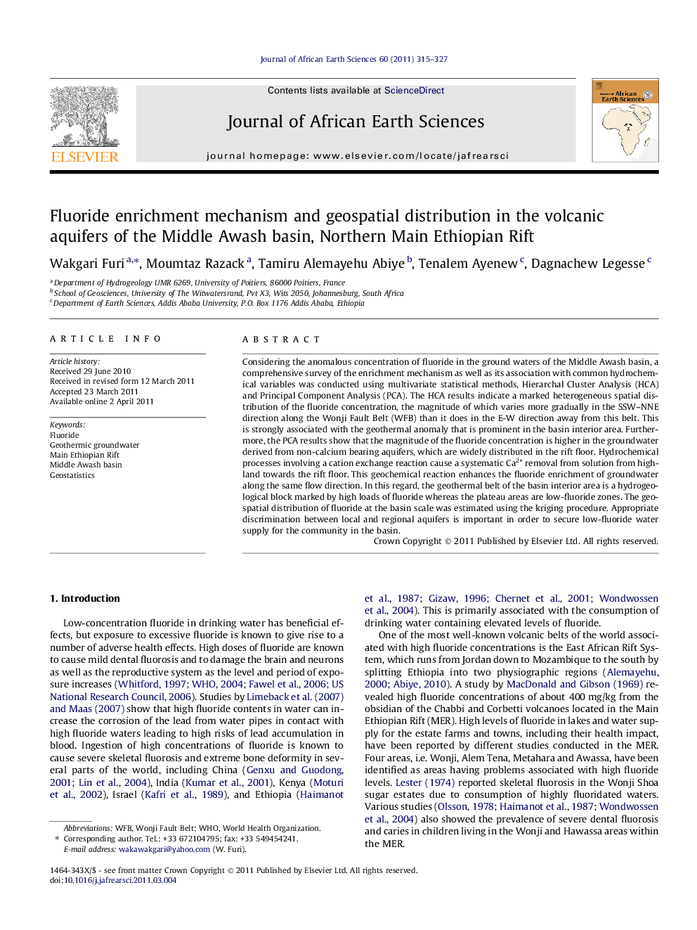 Fluoride enrichment mechanism and geospatial distribution in the volcanic aquifers of the Middle Awash basin, Northern Main Ethiopian Rift