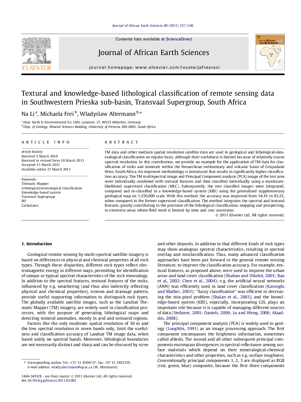 Textural and knowledge-based lithological classification of remote sensing data in Southwestern Prieska sub-basin, Transvaal Supergroup, South Africa