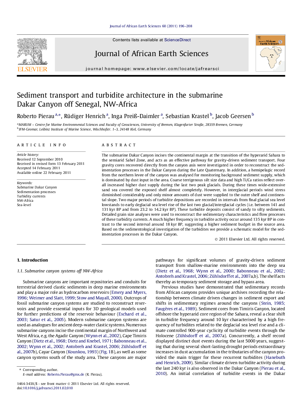 Sediment transport and turbidite architecture in the submarine Dakar Canyon off Senegal, NW-Africa