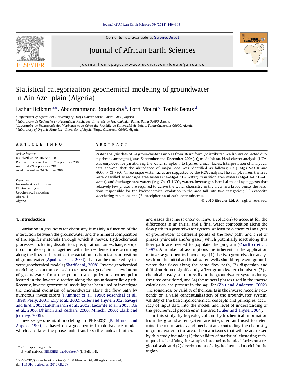 Statistical categorization geochemical modeling of groundwater in Ain Azel plain (Algeria)