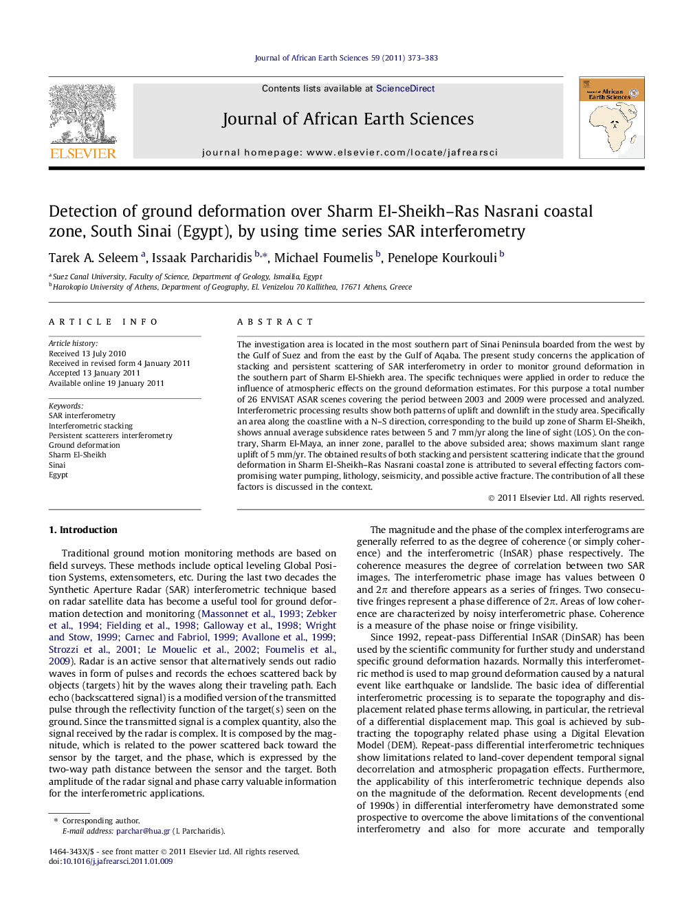 Detection of ground deformation over Sharm El-Sheikh–Ras Nasrani coastal zone, South Sinai (Egypt), by using time series SAR interferometry