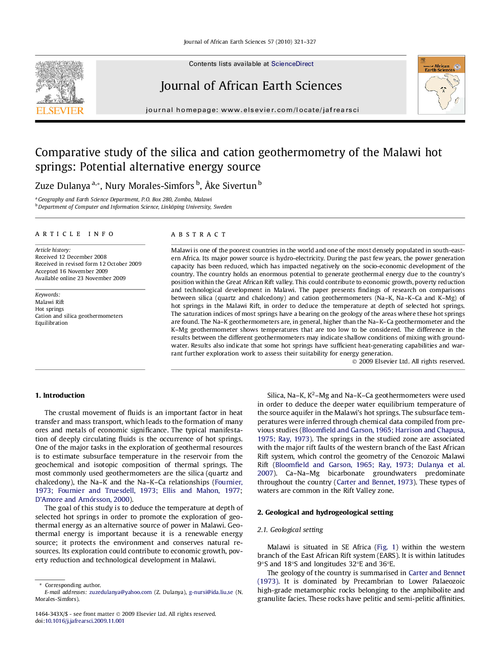 Comparative study of the silica and cation geothermometry of the Malawi hot springs: Potential alternative energy source