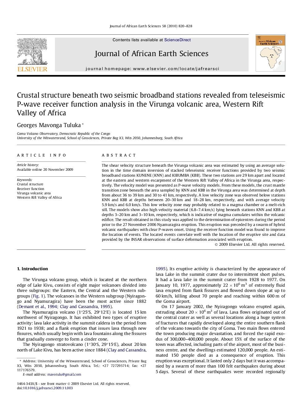 Crustal structure beneath two seismic broadband stations revealed from teleseismic P-wave receiver function analysis in the Virunga volcanic area, Western Rift Valley of Africa