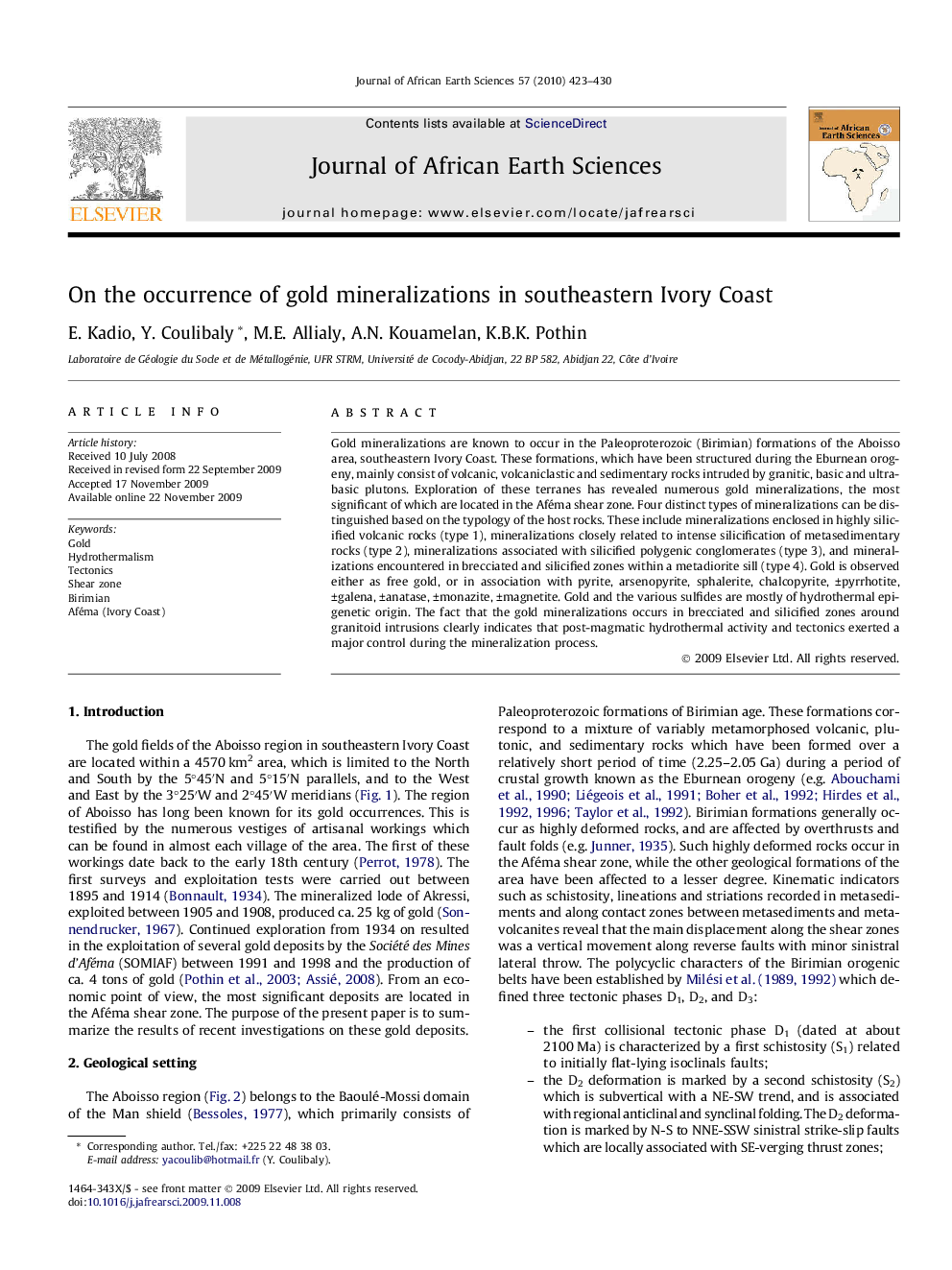 On the occurrence of gold mineralizations in southeastern Ivory Coast