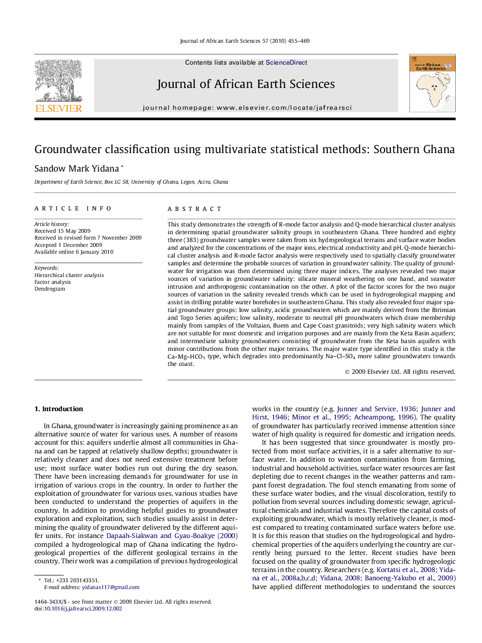 Groundwater classification using multivariate statistical methods: Southern Ghana