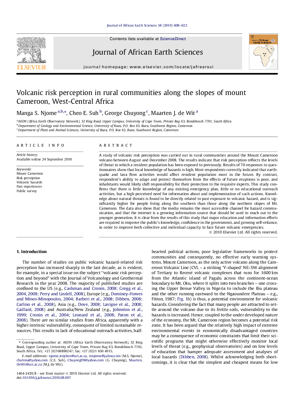 Volcanic risk perception in rural communities along the slopes of mount Cameroon, West-Central Africa