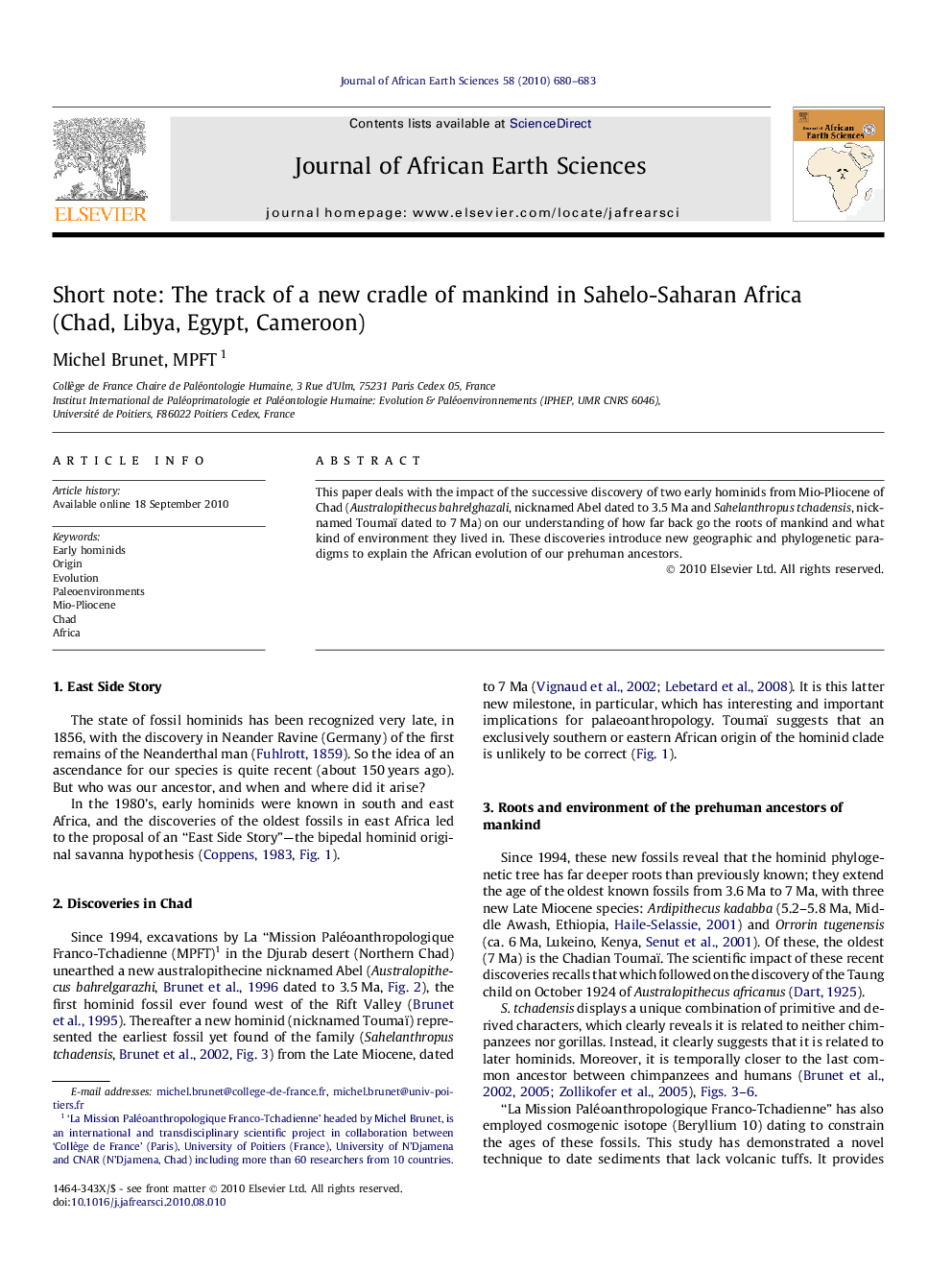 Short note: The track of a new cradle of mankind in Sahelo-Saharan Africa (Chad, Libya, Egypt, Cameroon)