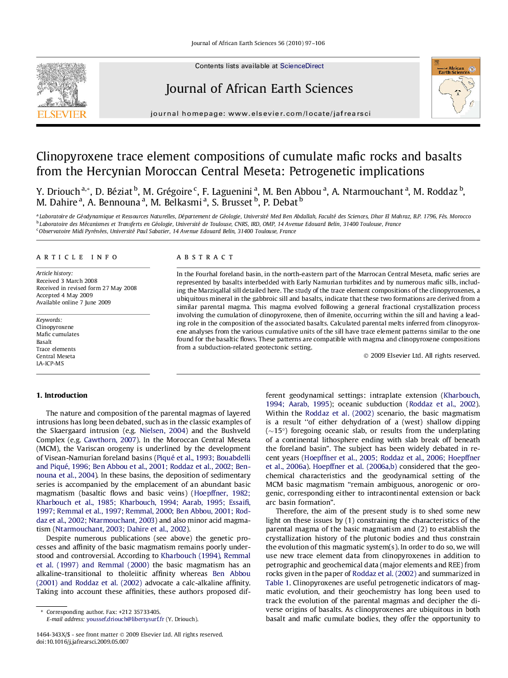 Clinopyroxene trace element compositions of cumulate mafic rocks and basalts from the Hercynian Moroccan Central Meseta: Petrogenetic implications