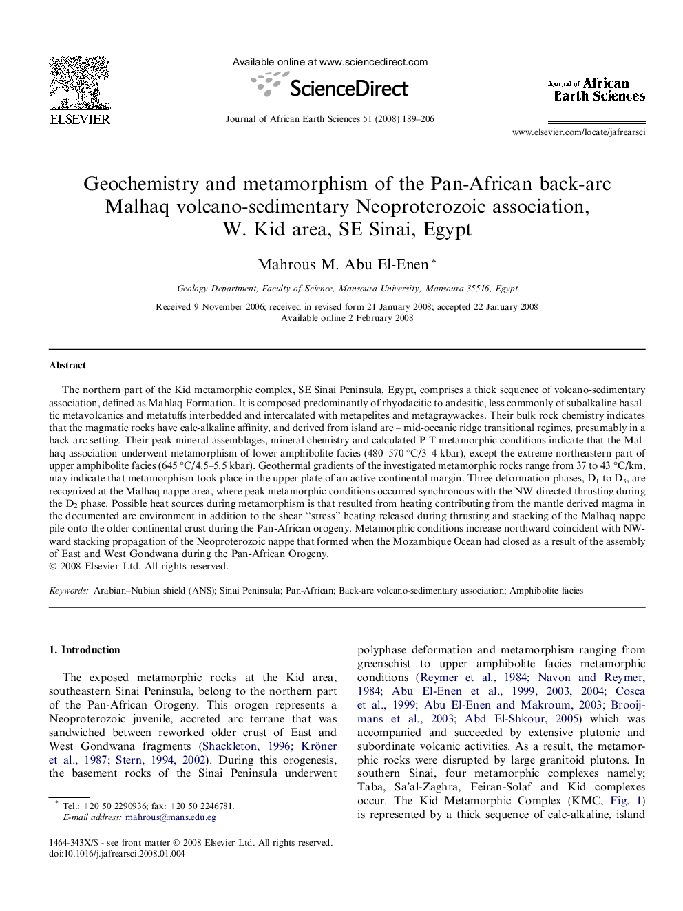 Geochemistry and metamorphism of the Pan-African back-arc Malhaq volcano-sedimentary Neoproterozoic association, W. Kid area, SE Sinai, Egypt