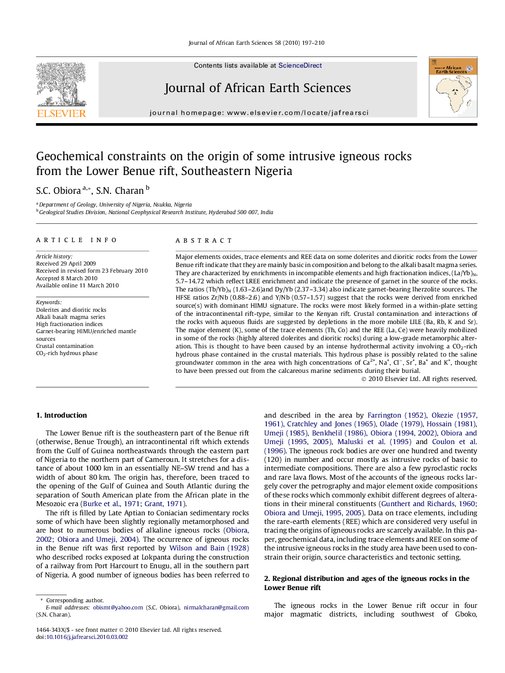 Geochemical constraints on the origin of some intrusive igneous rocks from the Lower Benue rift, Southeastern Nigeria