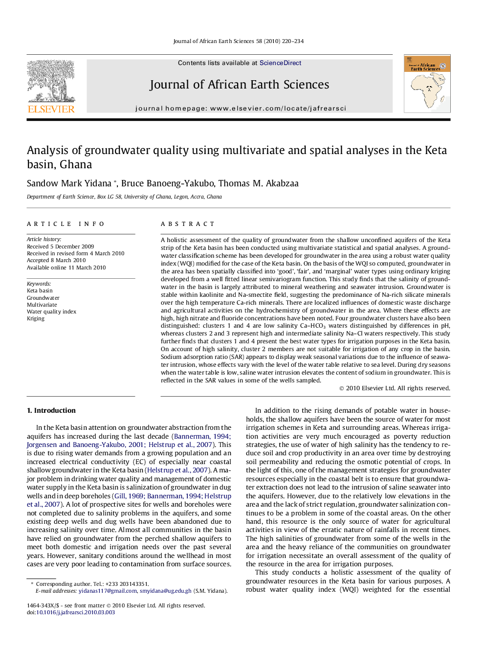 Analysis of groundwater quality using multivariate and spatial analyses in the Keta basin, Ghana