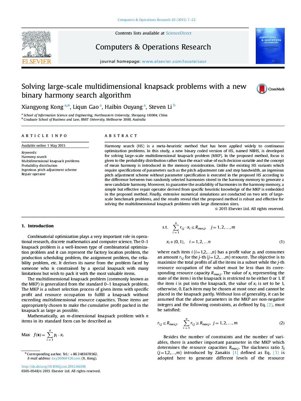 Solving large-scale multidimensional knapsack problems with a new binary harmony search algorithm