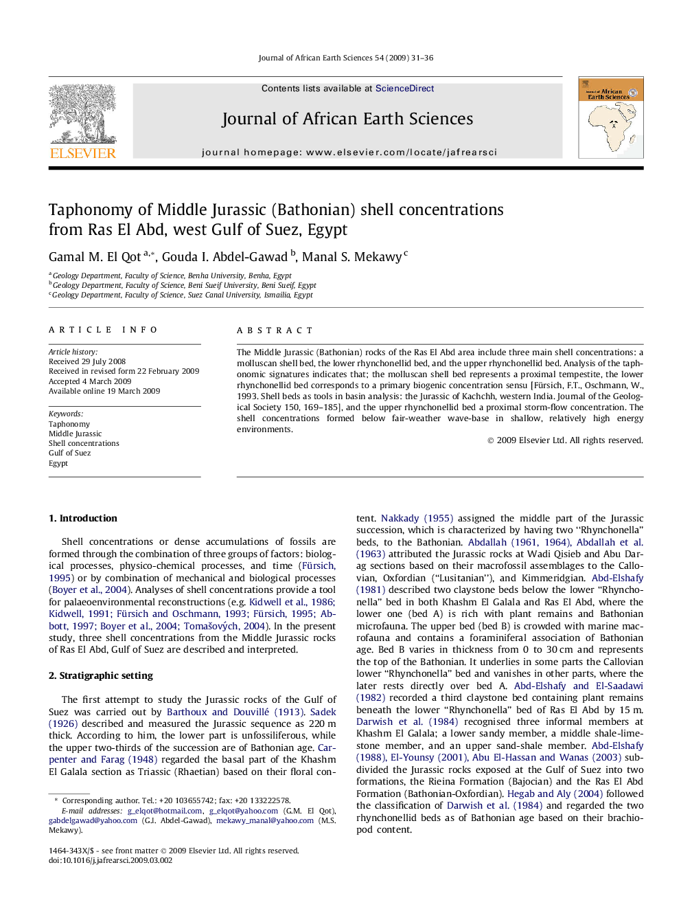 Taphonomy of Middle Jurassic (Bathonian) shell concentrations from Ras El Abd, west Gulf of Suez, Egypt