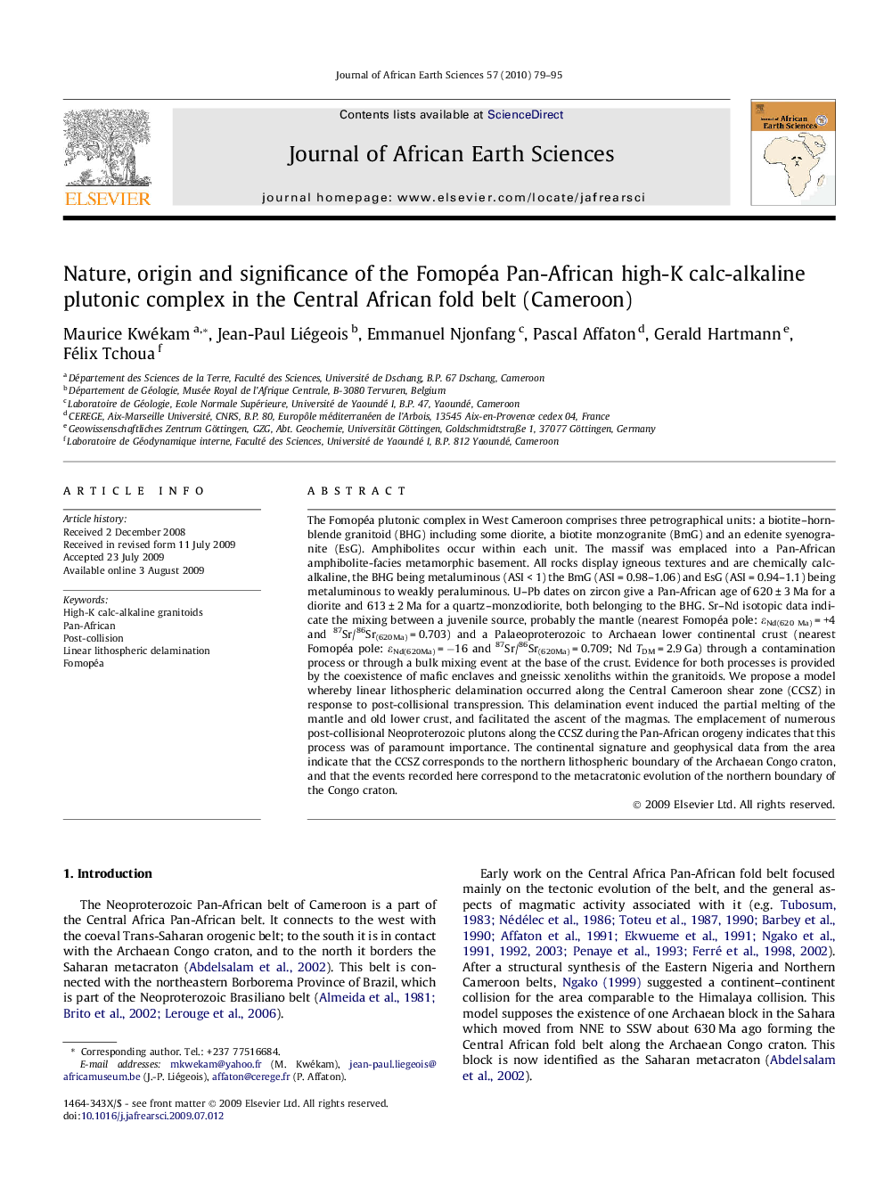 Nature, origin and significance of the Fomopéa Pan-African high-K calc-alkaline plutonic complex in the Central African fold belt (Cameroon)