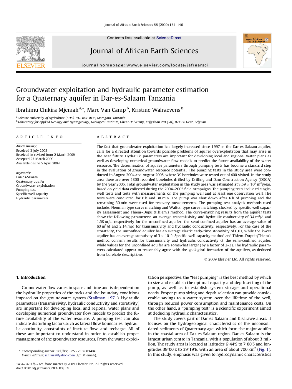 Groundwater exploitation and hydraulic parameter estimation for a Quaternary aquifer in Dar-es-Salaam Tanzania