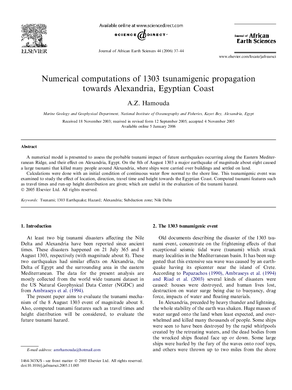 Numerical computations of 1303 tsunamigenic propagation towards Alexandria, Egyptian Coast