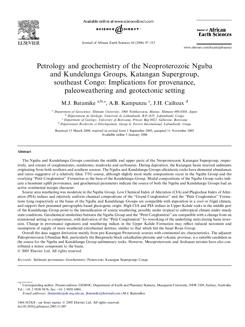 Petrology and geochemistry of the Neoproterozoic Nguba and Kundelungu Groups, Katangan Supergroup, southeast Congo: Implications for provenance, paleoweathering and geotectonic setting