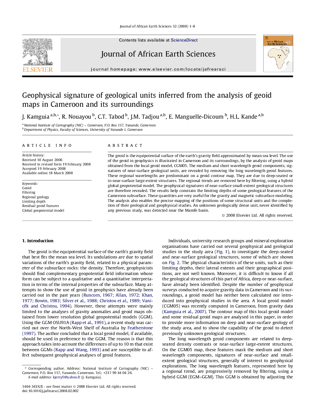 Geophysical signature of geological units inferred from the analysis of geoid maps in Cameroon and its surroundings