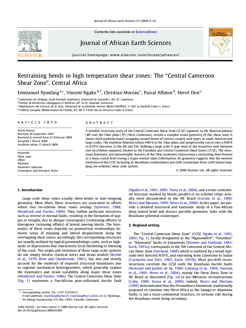 Restraining bends in high temperature shear zones: The “Central Cameroon Shear Zone”, Central Africa