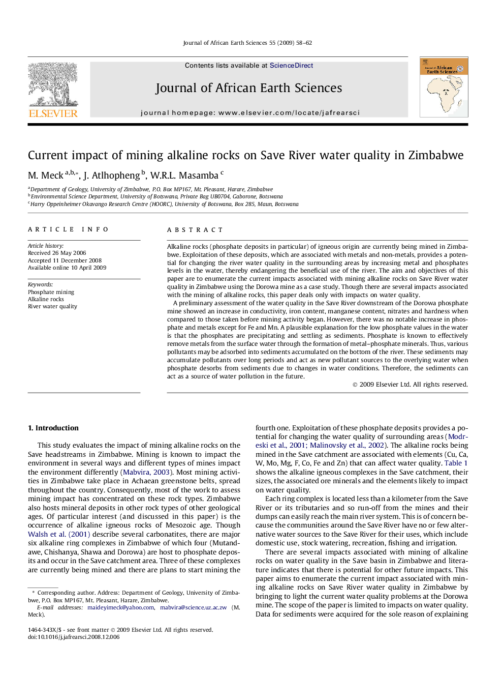 Current impact of mining alkaline rocks on Save River water quality in Zimbabwe