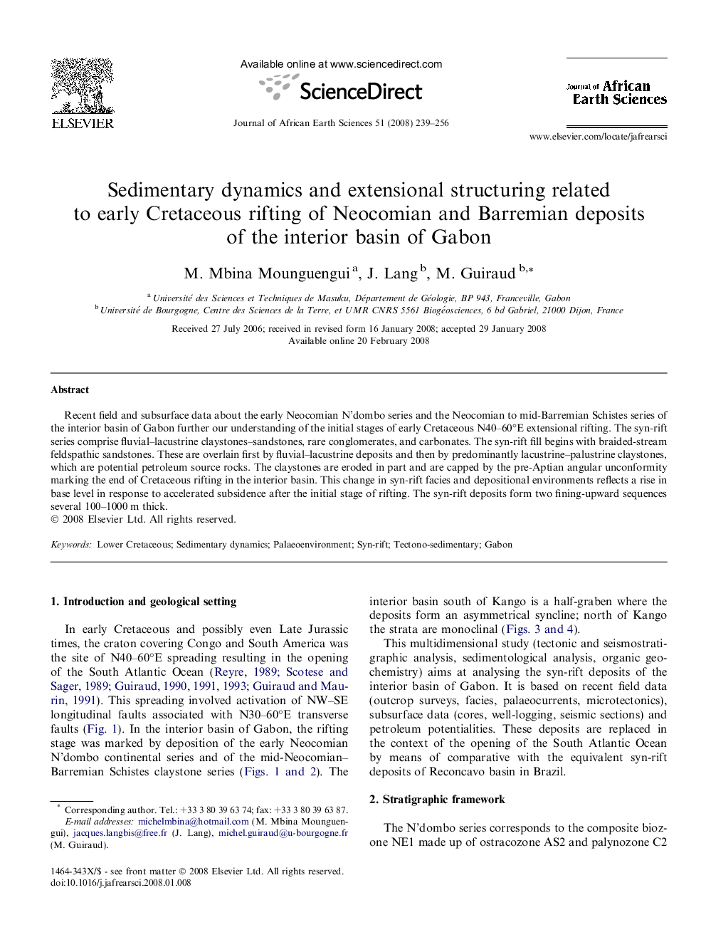 Sedimentary dynamics and extensional structuring related to early Cretaceous rifting of Neocomian and Barremian deposits of the interior basin of Gabon