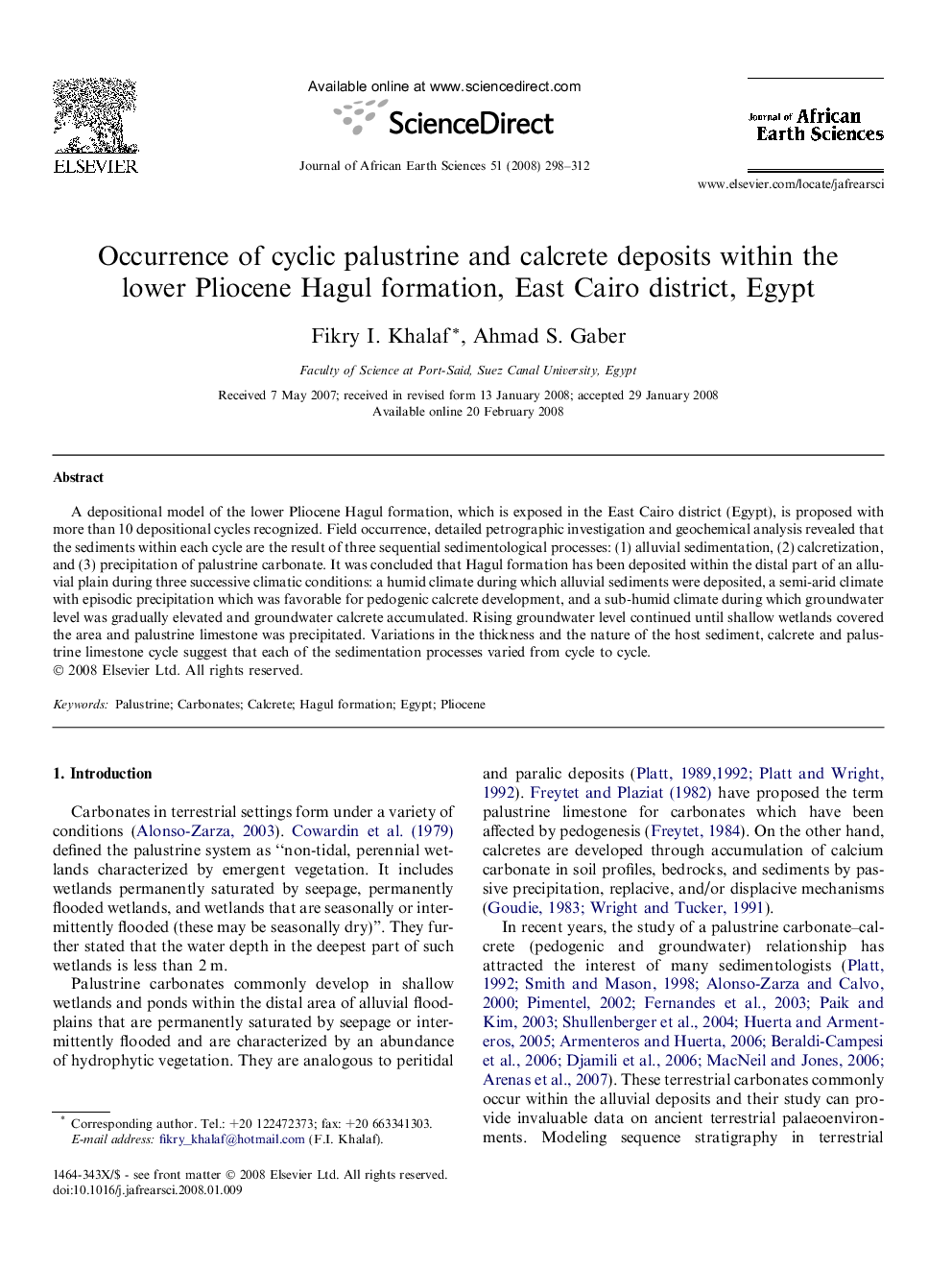 Occurrence of cyclic palustrine and calcrete deposits within the lower Pliocene Hagul formation, East Cairo district, Egypt