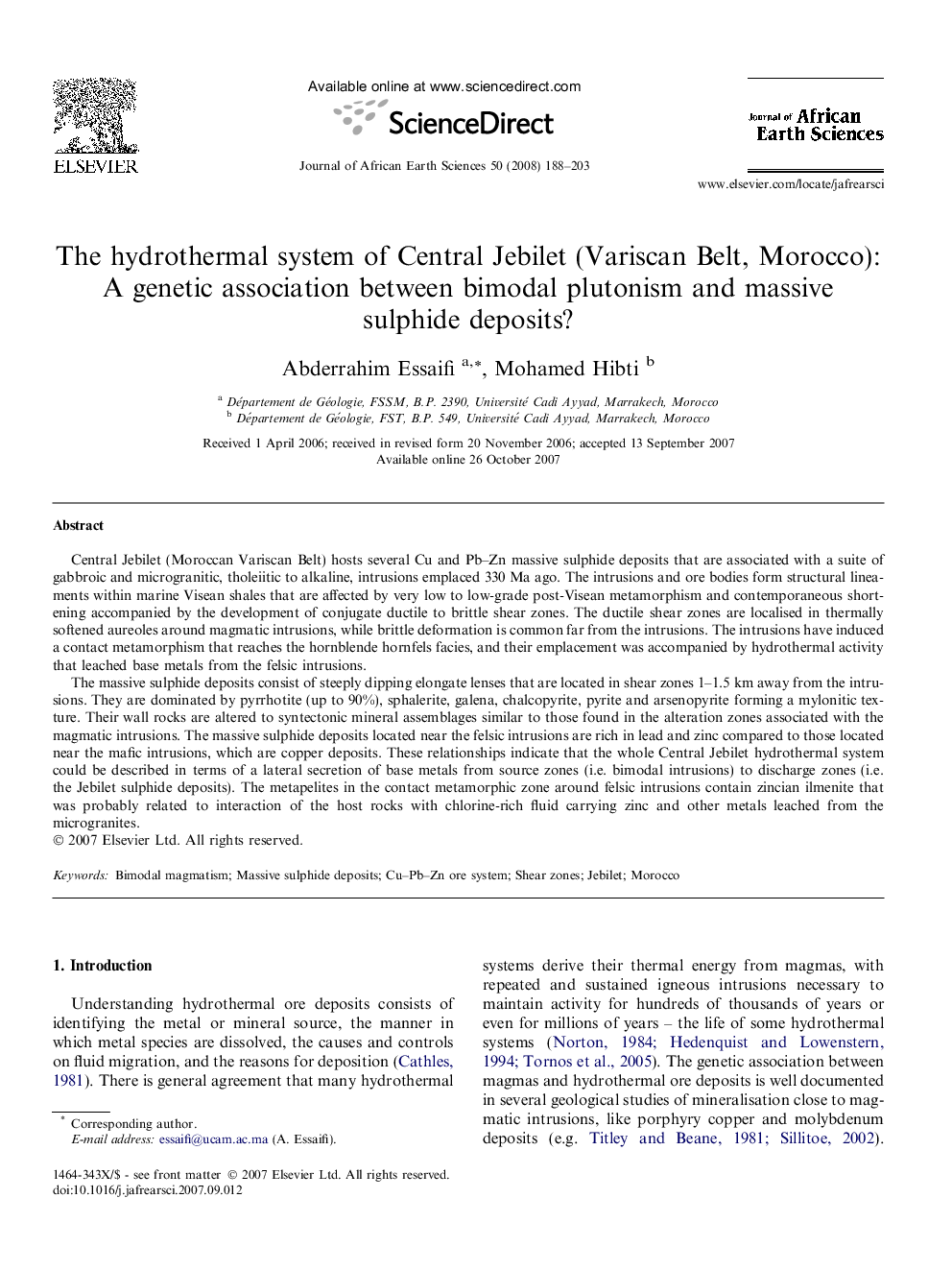 The hydrothermal system of Central Jebilet (Variscan Belt, Morocco): A genetic association between bimodal plutonism and massive sulphide deposits?