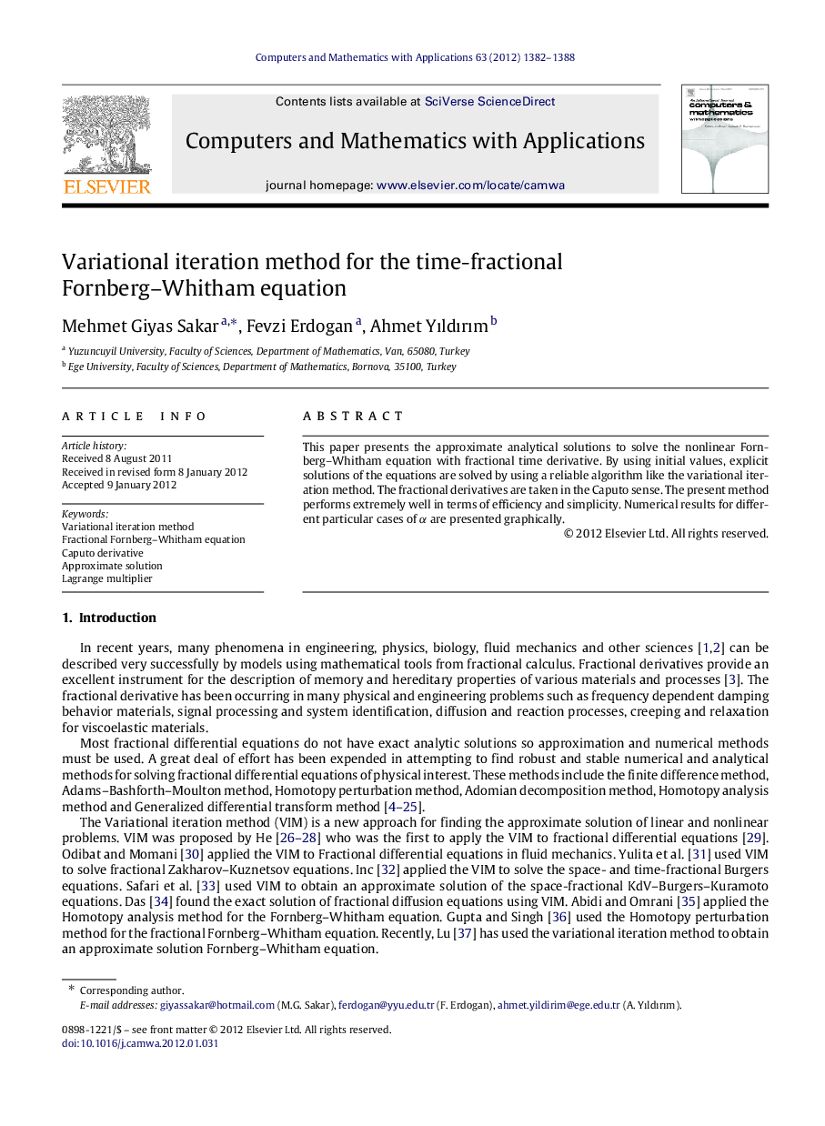 عکس صفحه اول مقاله: Variational iteration method for the time-fractional Fornberg–Whitham equation Variational iteration method for the time-fractional Fornberg–Whitham equation