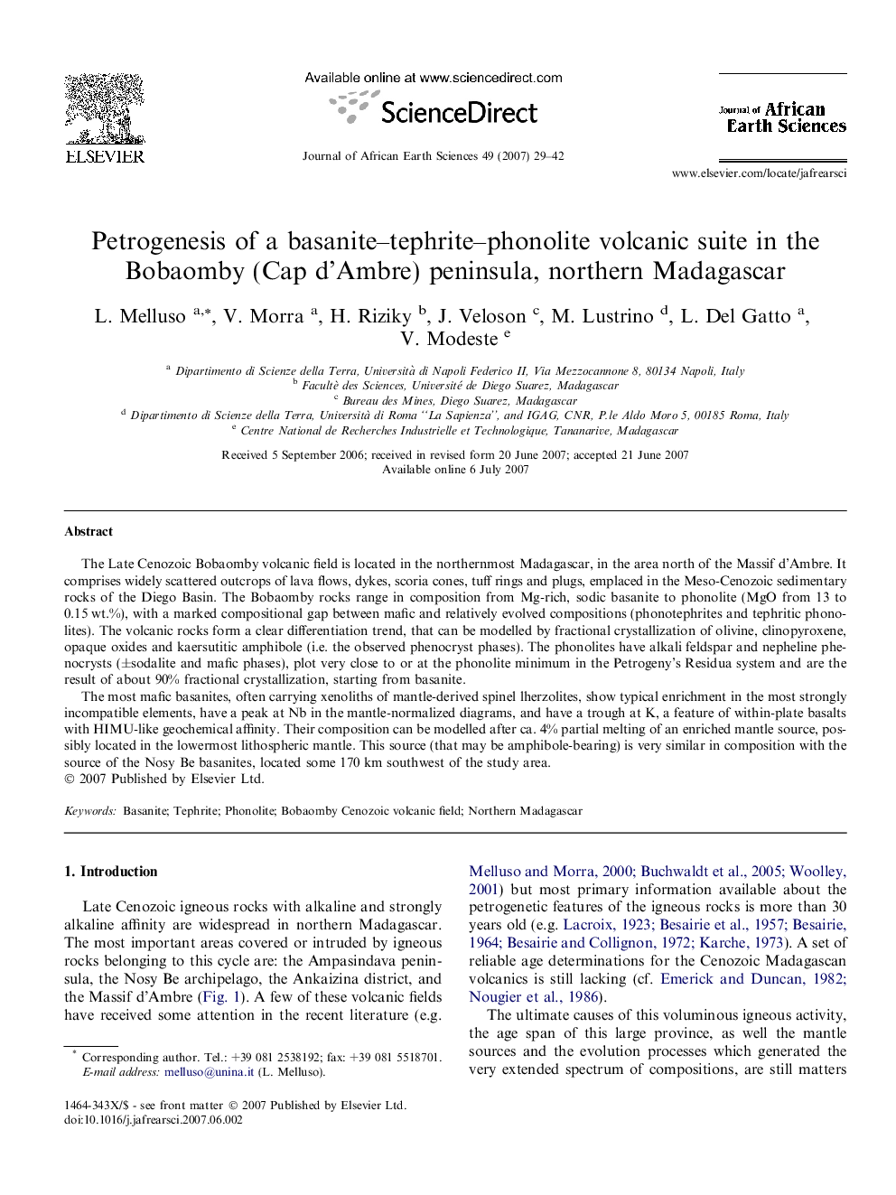 Petrogenesis of a basanite–tephrite–phonolite volcanic suite in the Bobaomby (Cap d’Ambre) peninsula, northern Madagascar