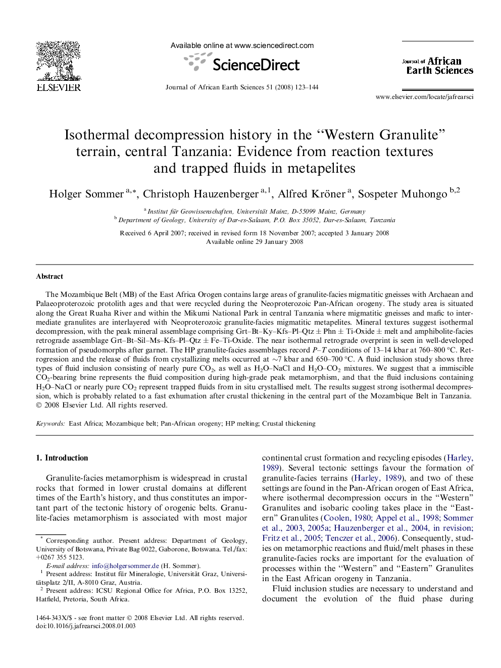 Isothermal decompression history in the “Western Granulite” terrain, central Tanzania: Evidence from reaction textures and trapped fluids in metapelites