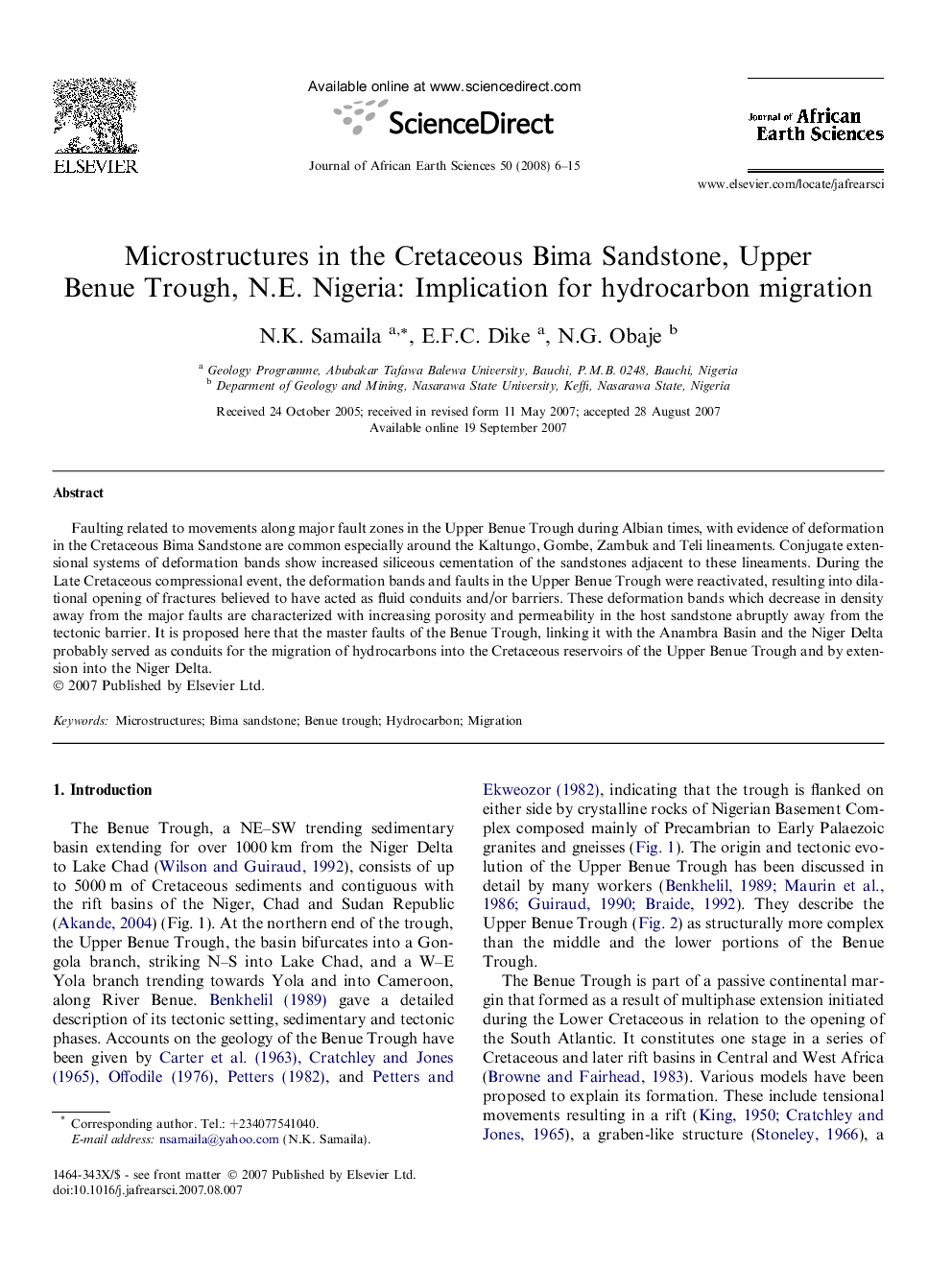 Microstructures in the Cretaceous Bima Sandstone, Upper Benue Trough, N.E. Nigeria: Implication for hydrocarbon migration