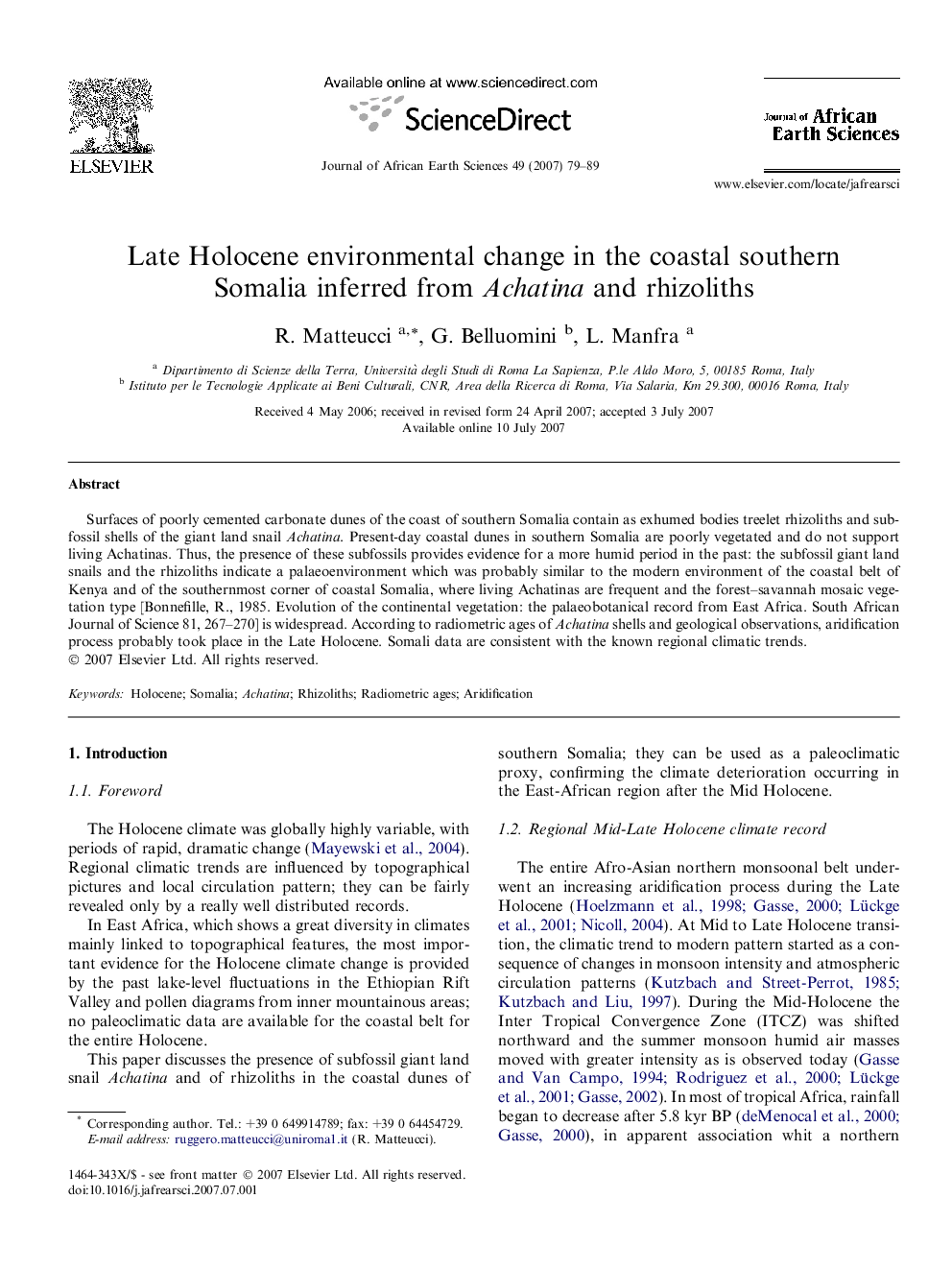 Late Holocene environmental change in the coastal southern Somalia inferred from Achatina and rhizoliths