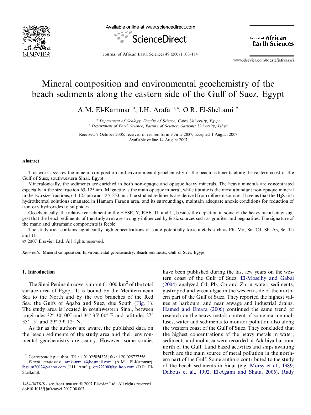 Mineral composition and environmental geochemistry of the beach sediments along the eastern side of the Gulf of Suez, Egypt