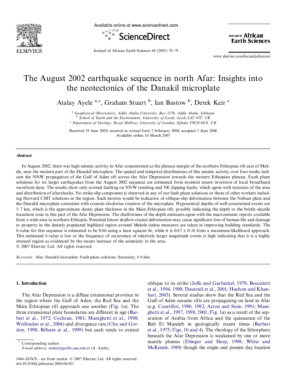 The August 2002 earthquake sequence in north Afar: Insights into the neotectonics of the Danakil microplate