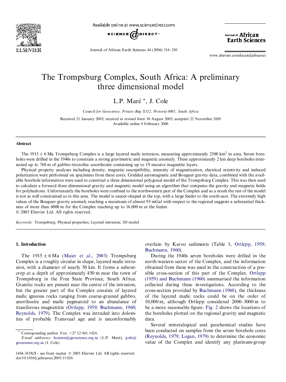 The Trompsburg Complex, South Africa: A preliminary three dimensional model