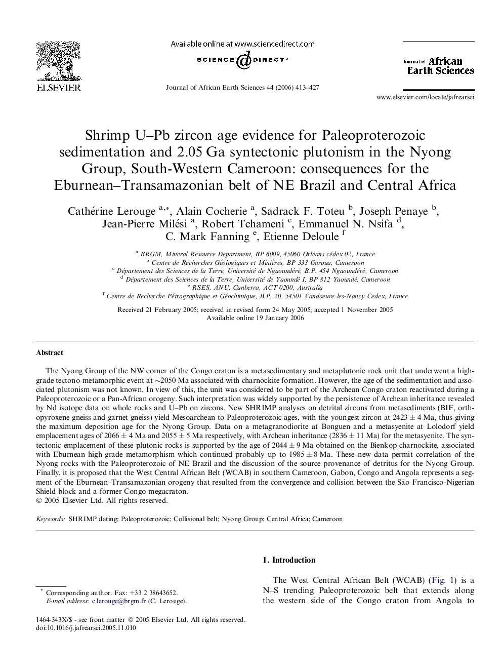 Shrimp U–Pb zircon age evidence for Paleoproterozoic sedimentation and 2.05 Ga syntectonic plutonism in the Nyong Group, South-Western Cameroon: consequences for the Eburnean–Transamazonian belt of NE Brazil and Central Africa