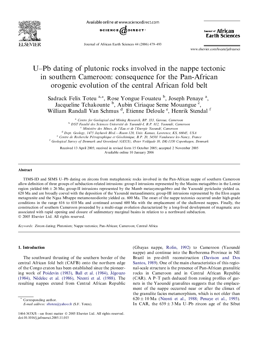 U–Pb dating of plutonic rocks involved in the nappe tectonic in southern Cameroon: consequence for the Pan-African orogenic evolution of the central African fold belt