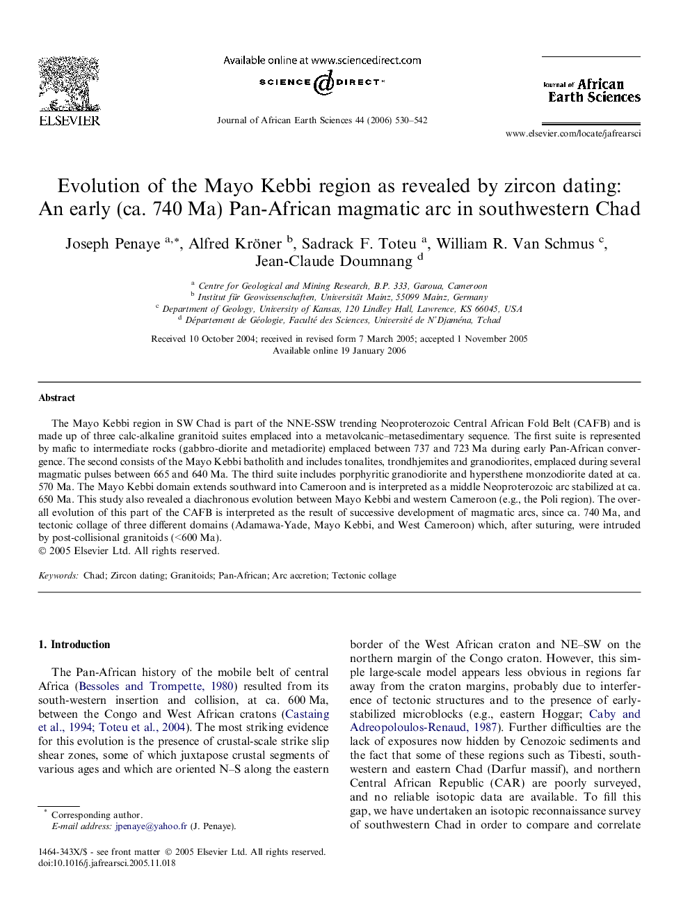 Evolution of the Mayo Kebbi region as revealed by zircon dating: An early (ca. 740 Ma) Pan-African magmatic arc in southwestern Chad