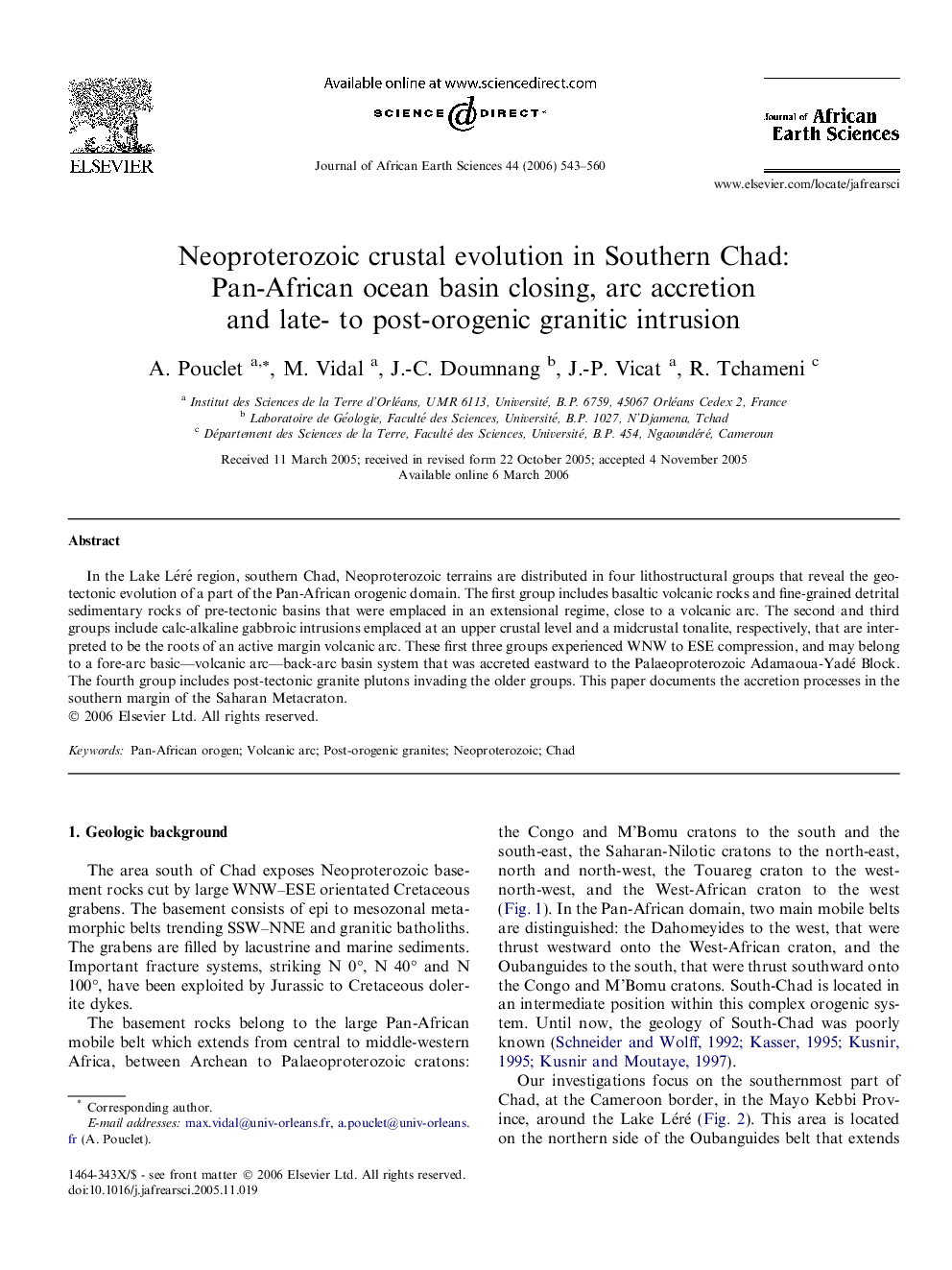 Neoproterozoic crustal evolution in Southern Chad: Pan-African ocean basin closing, arc accretion and late- to post-orogenic granitic intrusion