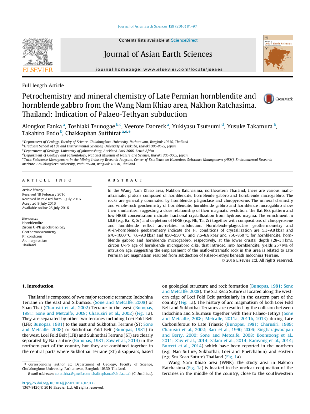 Petrochemistry and mineral chemistry of Late Permian hornblendite and hornblende gabbro from the Wang Nam Khiao area, Nakhon Ratchasima, Thailand: Indication of Palaeo-Tethyan subduction