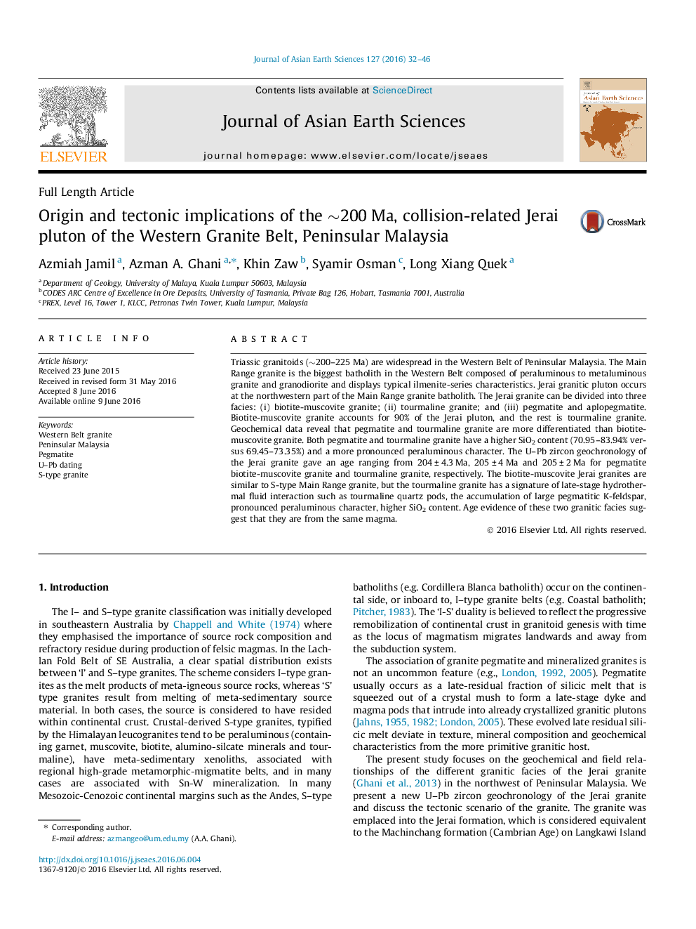 Origin and tectonic implications of the ∼200 Ma, collision-related Jerai pluton of the Western Granite Belt, Peninsular Malaysia