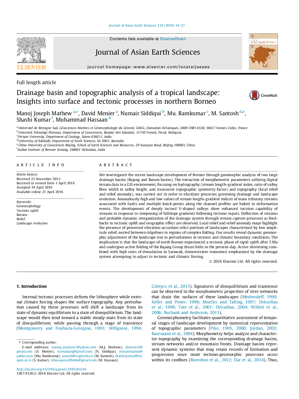 Drainage basin and topographic analysis of a tropical landscape: Insights into surface and tectonic processes in northern Borneo